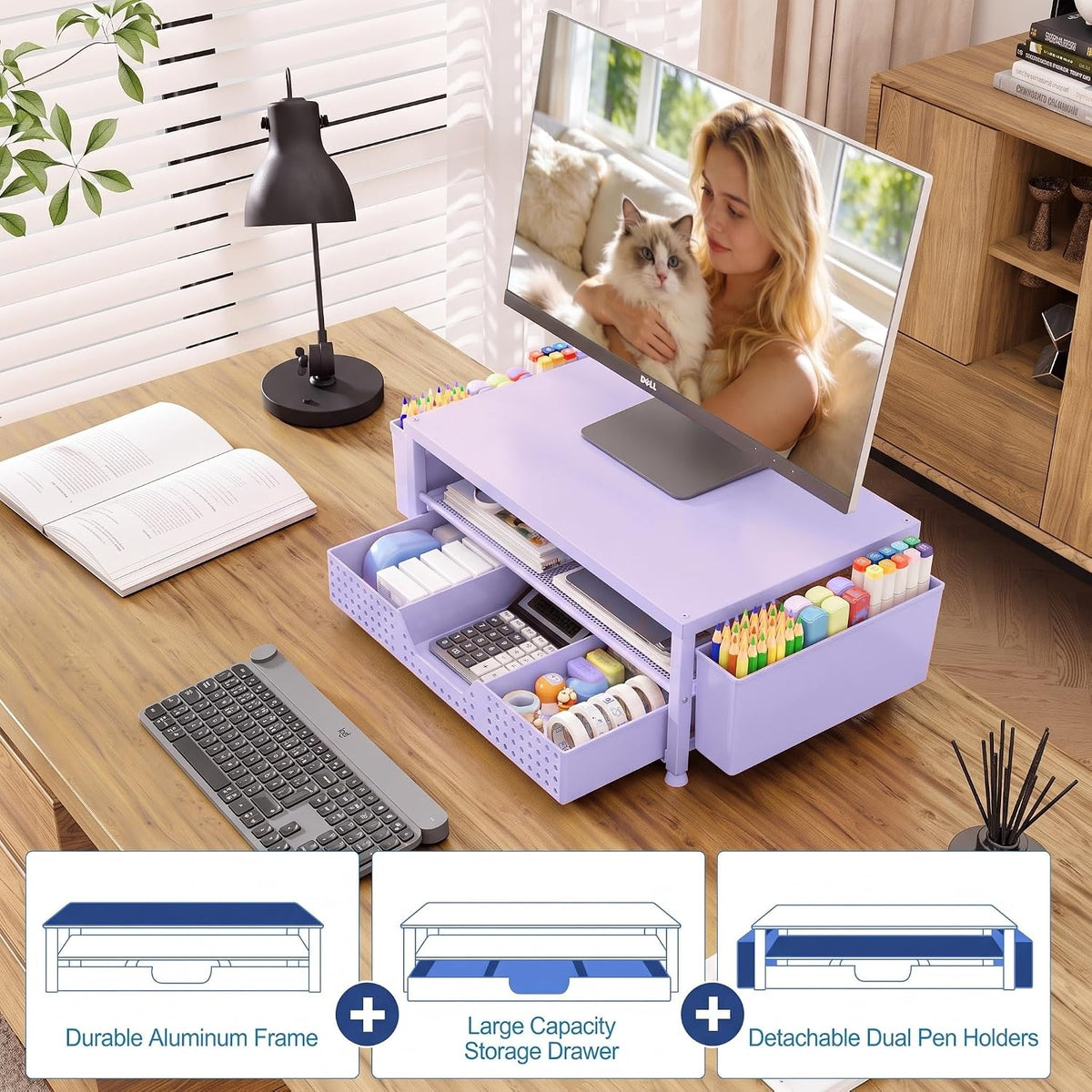 Desk Organizers and Accessories, Computer Monitor Stand Riser with Drawer and 2 Pen Holders, Printer & Laptop Stand, Office Desk Accessories & Workspace Organizers for Home Office Supplies, Black