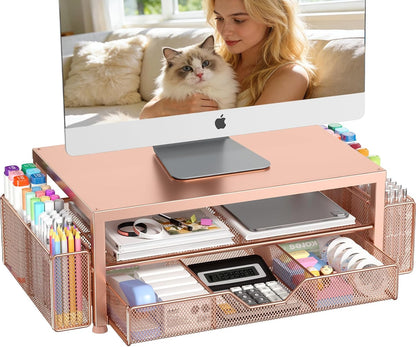 Desk Organizers and Accessories, Computer Monitor Stand Riser with Drawer and 2 Pen Holders, Printer & Laptop Stand, Office Desk Accessories & Workspace Organizers for Home Office Supplies, Black