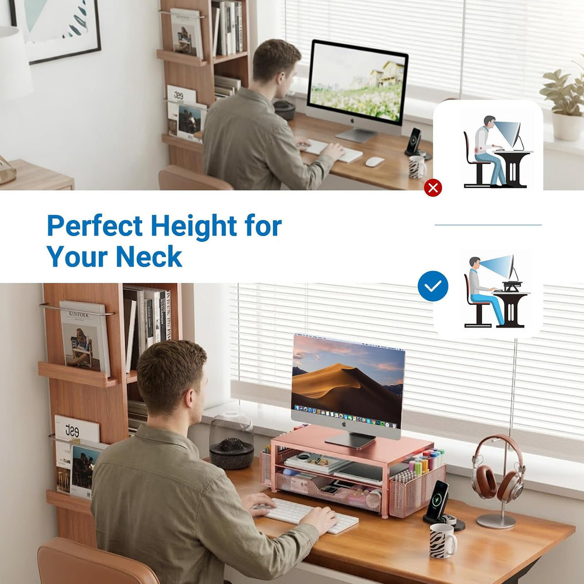 Desk Organizers and Accessories, Computer Monitor Stand Riser with Drawer and 2 Pen Holders, Printer & Laptop Stand, Office Desk Accessories & Workspace Organizers for Home Office Supplies, Black