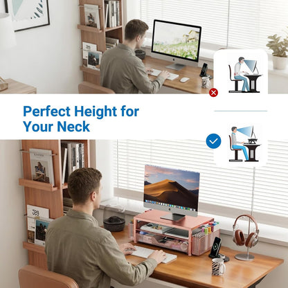 Desk Organizers and Accessories, Computer Monitor Stand Riser with Drawer and 2 Pen Holders, Printer & Laptop Stand, Office Desk Accessories & Workspace Organizers for Home Office Supplies, Black