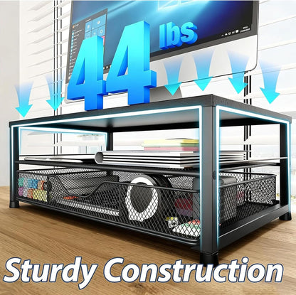 Desk Organizers and Accessories, Computer Monitor Stand Riser with Drawer and 2 Pen Holders, Printer & Laptop Stand, Office Desk Accessories & Workspace Organizers for Home Office Supplies, Black