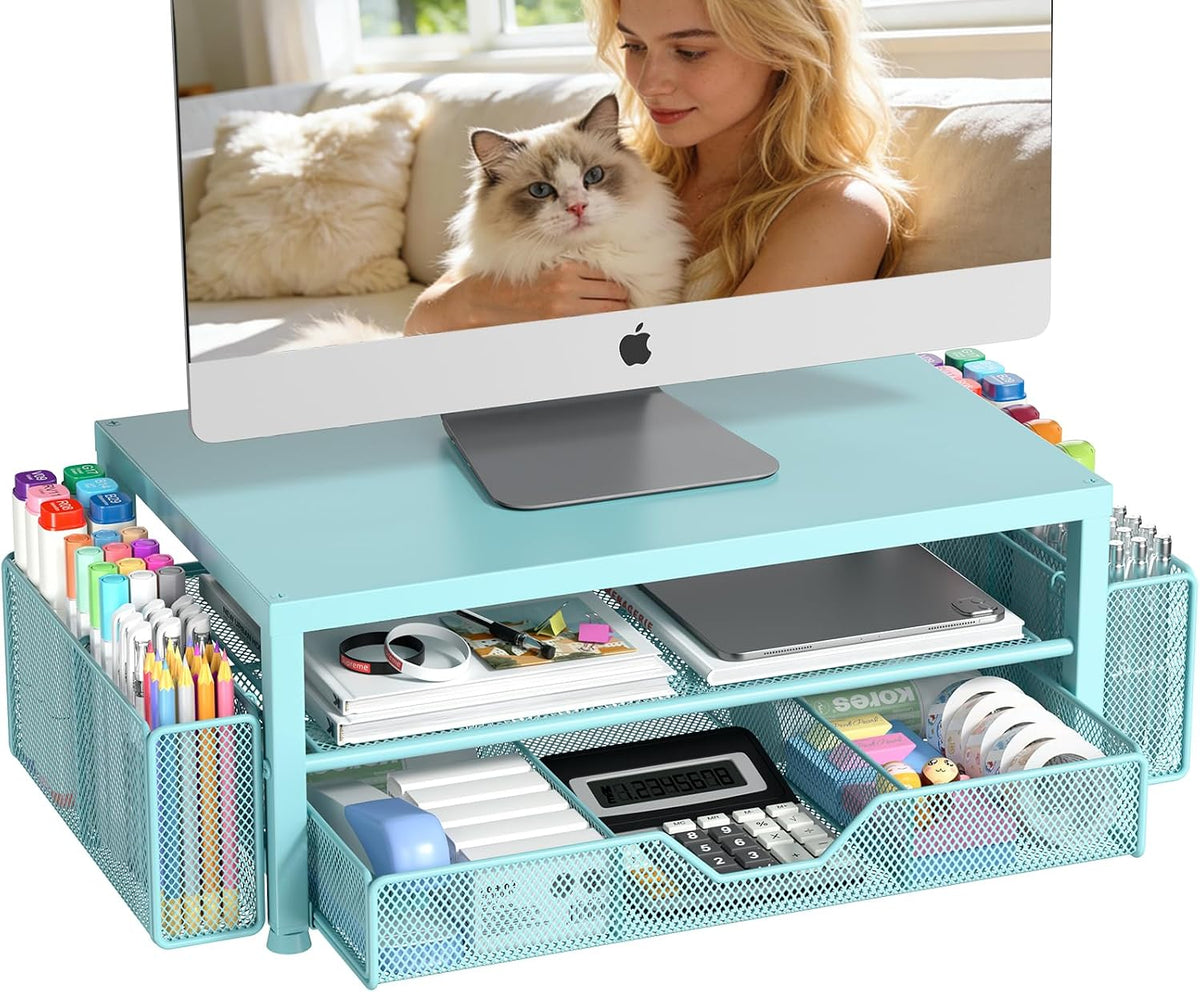 Desk Organizers and Accessories, Computer Monitor Stand Riser with Drawer and 2 Pen Holders, Printer & Laptop Stand, Office Desk Accessories & Workspace Organizers for Home Office Supplies, Black