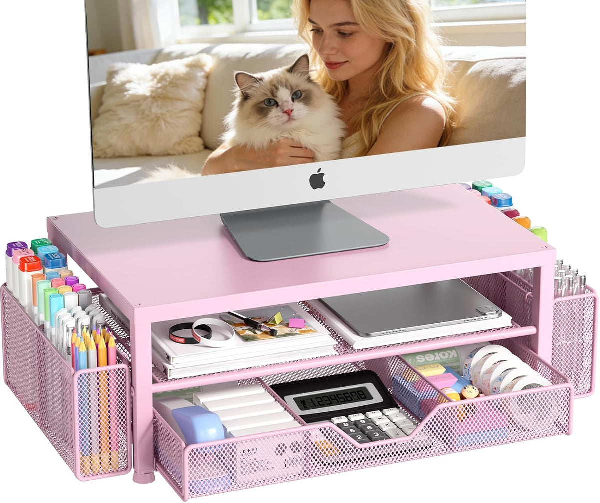 Desk Organizers and Accessories, Computer Monitor Stand Riser with Drawer and 2 Pen Holders, Printer & Laptop Stand, Office Desk Accessories & Workspace Organizers for Home Office Supplies, Black