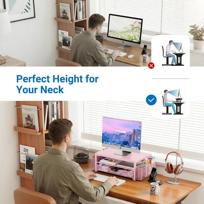 Desk Organizers and Accessories, Computer Monitor Stand Riser with Drawer and 2 Pen Holders, Printer & Laptop Stand, Office Desk Accessories & Workspace Organizers for Home Office Supplies, Black