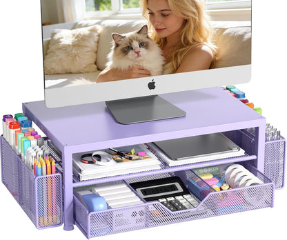 Desk Organizers and Accessories, Computer Monitor Stand Riser with Drawer and 2 Pen Holders, Printer & Laptop Stand, Office Desk Accessories & Workspace Organizers for Home Office Supplies, Black
