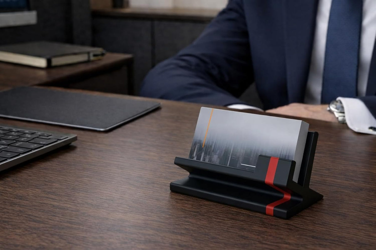 Business Card Holder for Desk – Modern Red & Black Card Display, Stylish Office Desk Accessory for Men & Women