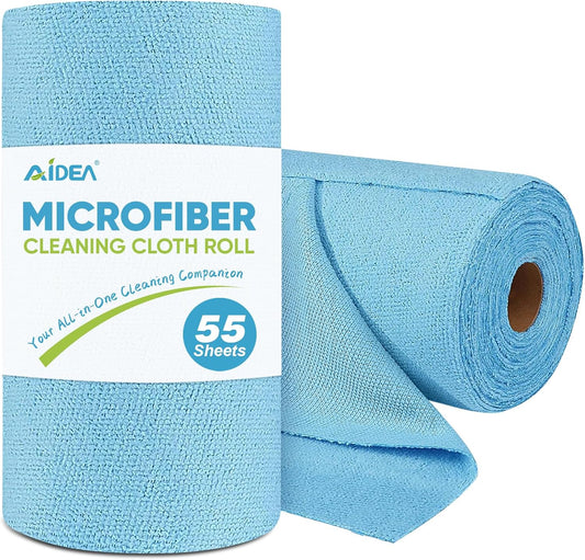 AIDEA Microfiber Cleaning Cloth Roll, Blue Shop Towels 55 Sheets 11×9"