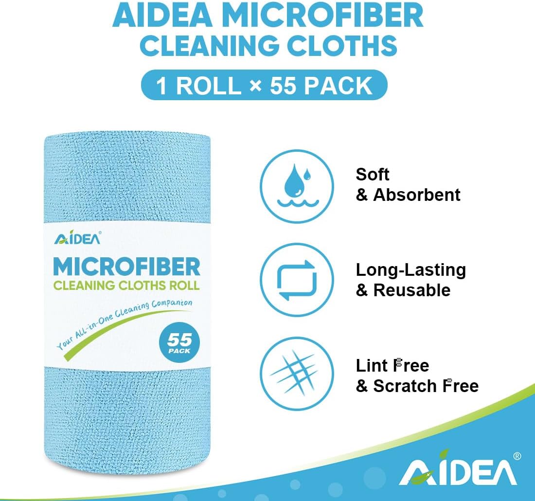 AIDEA Microfiber Cleaning Cloth Roll, Blue Shop Towels 55 Sheets 11×9"