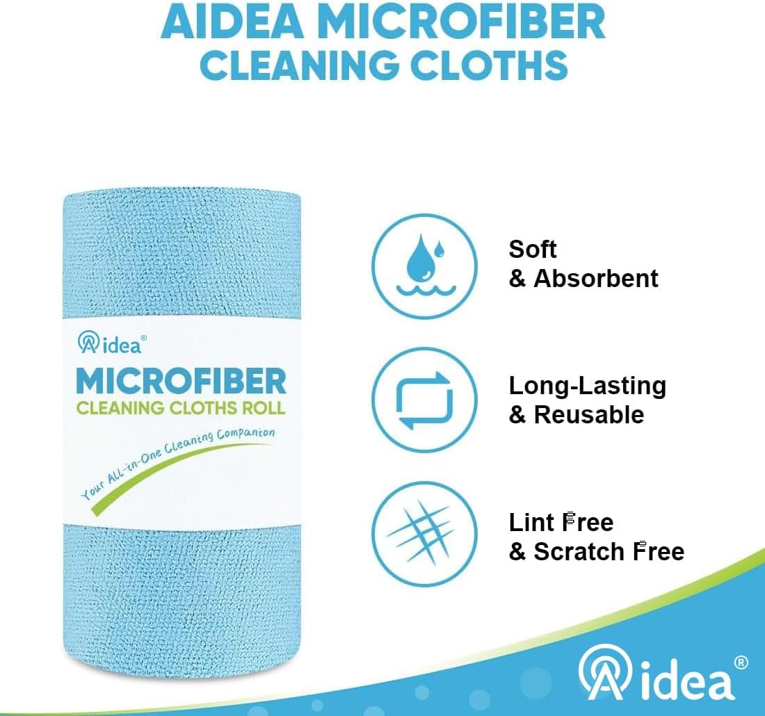 AIDEA Microfiber Cleaning Cloth Roll, Blue Shop Towels 55 Sheets 11×9"