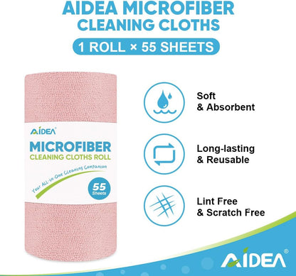 AIDEA Microfiber Cleaning Cloth Roll, Blue Shop Towels 55 Sheets 11×9"