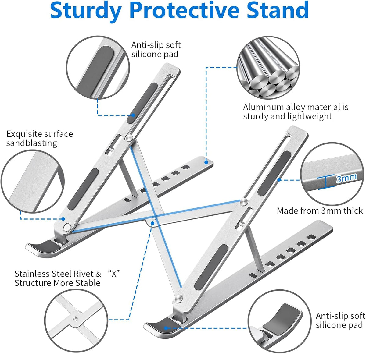Laptop Stand for Desk, Aluminum Metal MacBook Stand，Computer Riser for Desk, Portable Foldable Adjustable Notebook Holder, Compatible with 10-15.6 Inch Laptops, iPad, Silver.