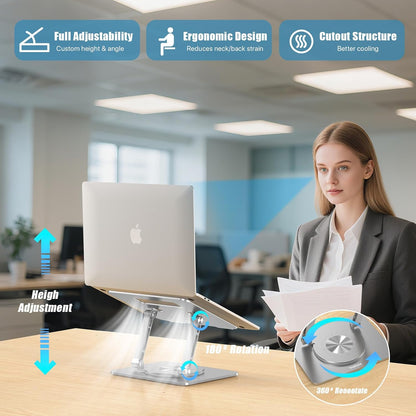 Laptop Stand for Desk, Aluminum Metal MacBook Stand，Computer Riser for Desk, Portable Foldable Adjustable Notebook Holder, Compatible with 10-15.6 Inch Laptops, iPad, Silver.