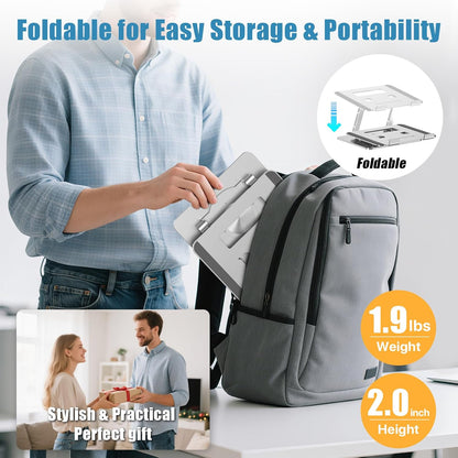 Laptop Stand for Desk, Aluminum Metal MacBook Stand，Computer Riser for Desk, Portable Foldable Adjustable Notebook Holder, Compatible with 10-15.6 Inch Laptops, iPad, Silver.