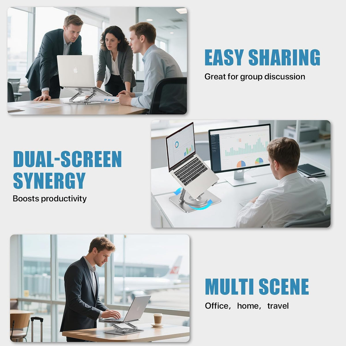 Laptop Stand for Desk, Aluminum Metal MacBook Stand，Computer Riser for Desk, Portable Foldable Adjustable Notebook Holder, Compatible with 10-15.6 Inch Laptops, iPad, Silver.