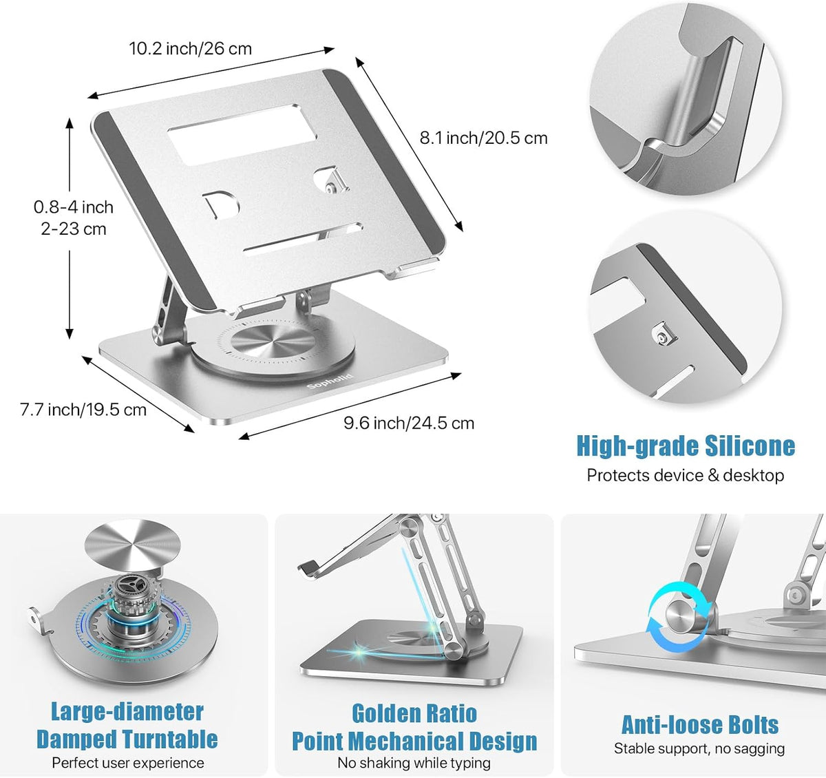 Laptop Stand for Desk, Aluminum Metal MacBook Stand，Computer Riser for Desk, Portable Foldable Adjustable Notebook Holder, Compatible with 10-15.6 Inch Laptops, iPad, Silver.