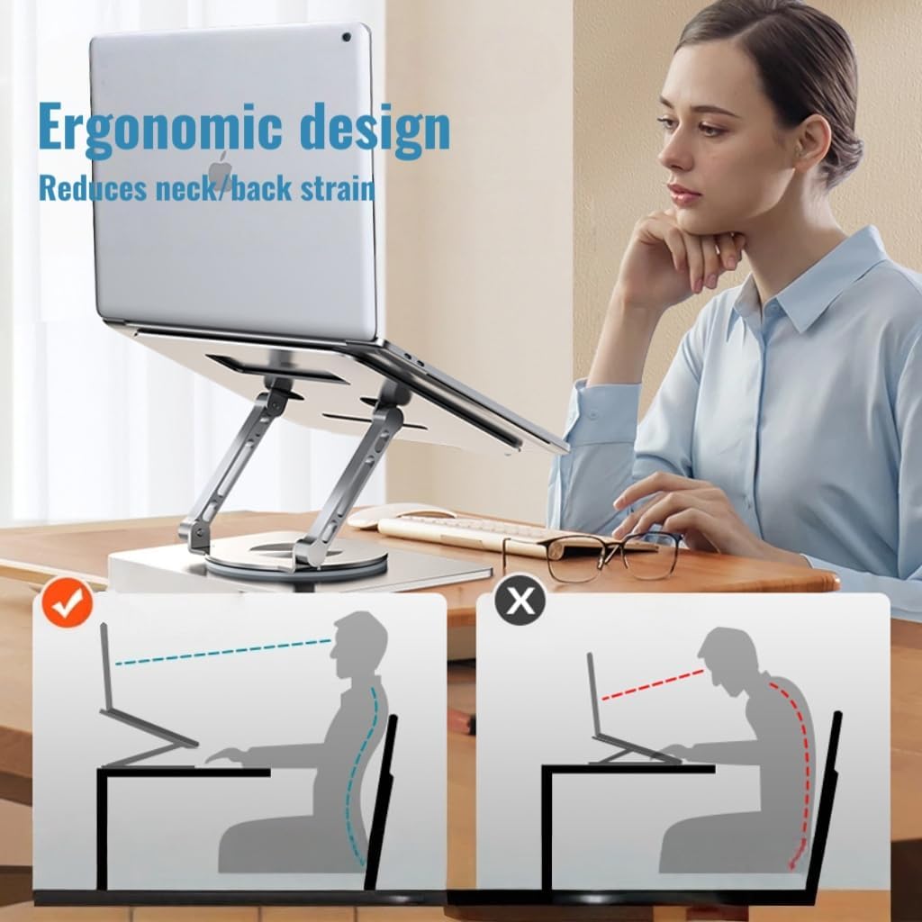 Laptop Stand for Desk, Aluminum Metal MacBook Stand，Computer Riser for Desk, Portable Foldable Adjustable Notebook Holder, Compatible with 10-15.6 Inch Laptops, iPad, Silver.