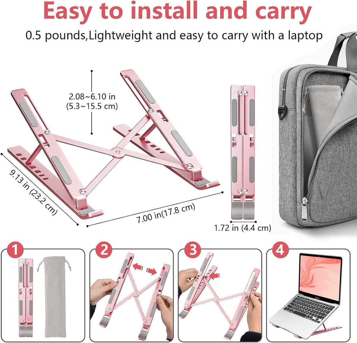 Laptop Stand for Desk, Aluminum Metal MacBook Stand，Computer Riser for Desk, Portable Foldable Adjustable Notebook Holder, Compatible with 10-15.6 Inch Laptops, iPad, Silver.