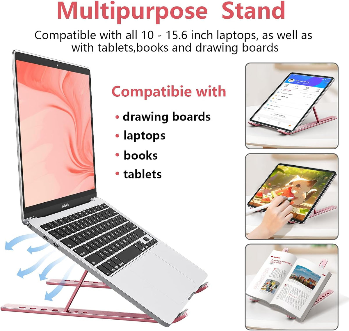 Laptop Stand for Desk, Aluminum Metal MacBook Stand，Computer Riser for Desk, Portable Foldable Adjustable Notebook Holder, Compatible with 10-15.6 Inch Laptops, iPad, Silver.
