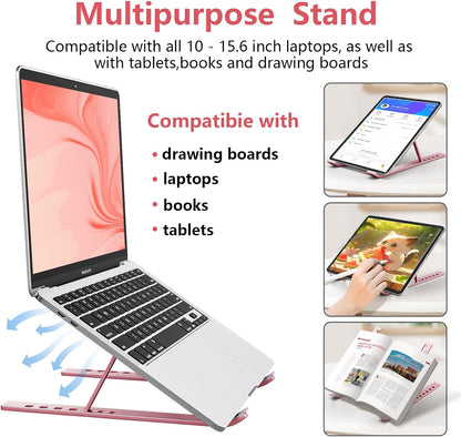 Laptop Stand for Desk, Aluminum Metal MacBook Stand，Computer Riser for Desk, Portable Foldable Adjustable Notebook Holder, Compatible with 10-15.6 Inch Laptops, iPad, Silver.