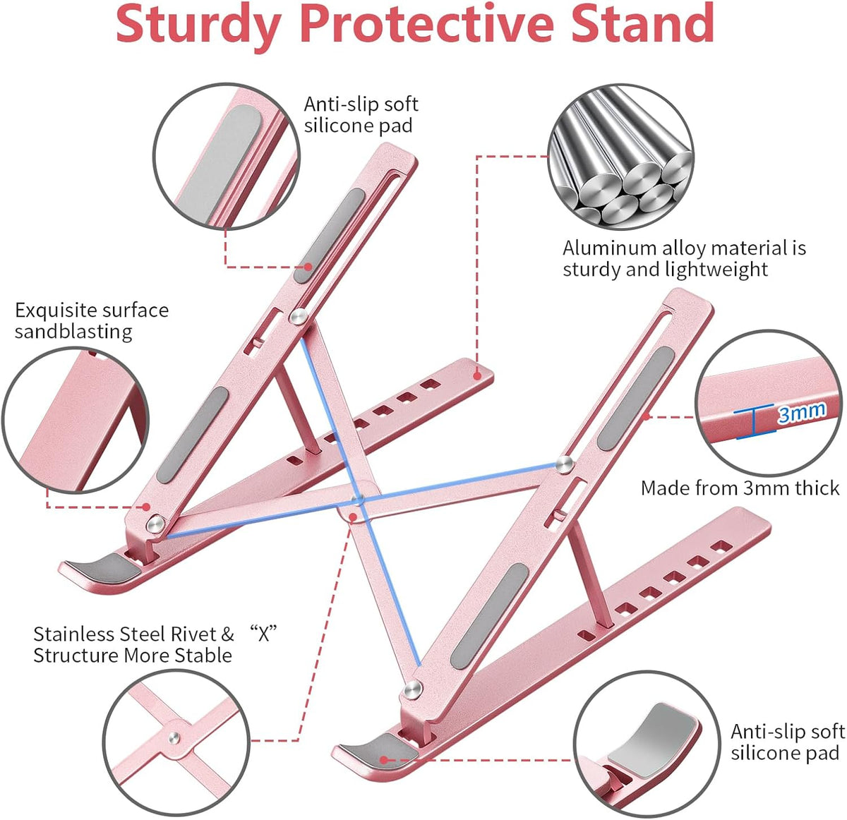 Laptop Stand for Desk, Aluminum Metal MacBook Stand，Computer Riser for Desk, Portable Foldable Adjustable Notebook Holder, Compatible with 10-15.6 Inch Laptops, iPad, Silver.