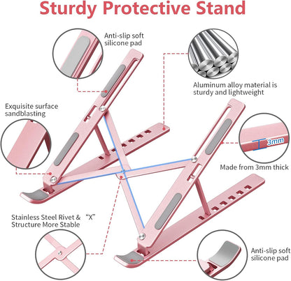 Laptop Stand for Desk, Aluminum Metal MacBook Stand，Computer Riser for Desk, Portable Foldable Adjustable Notebook Holder, Compatible with 10-15.6 Inch Laptops, iPad, Silver.
