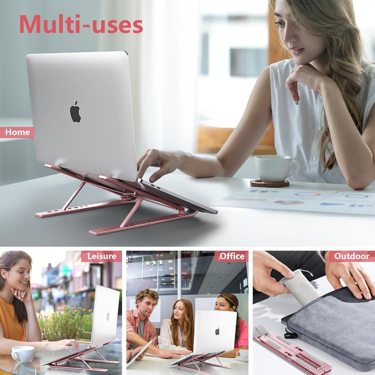 Laptop Stand for Desk, Aluminum Metal MacBook Stand，Computer Riser for Desk, Portable Foldable Adjustable Notebook Holder, Compatible with 10-15.6 Inch Laptops, iPad, Silver.
