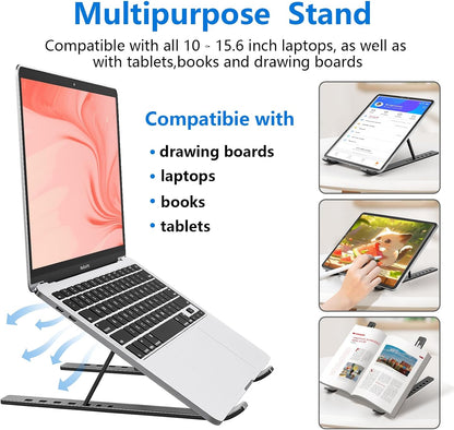 Laptop Stand for Desk, Aluminum Metal MacBook Stand，Computer Riser for Desk, Portable Foldable Adjustable Notebook Holder, Compatible with 10-15.6 Inch Laptops, iPad, Silver.