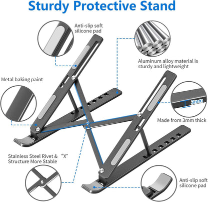 Laptop Stand for Desk, Aluminum Metal MacBook Stand，Computer Riser for Desk, Portable Foldable Adjustable Notebook Holder, Compatible with 10-15.6 Inch Laptops, iPad, Silver.