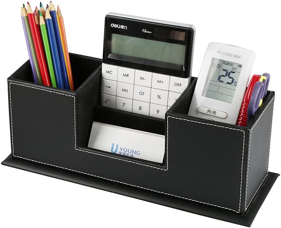 KINGFOM PU Leather Square Pens Pencils Holder Cup Desktop Stationery Organizer Case Office Accessories Container Box (black)