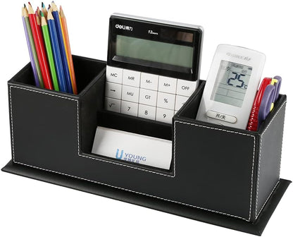 KINGFOM PU Leather Square Pens Pencils Holder Cup Desktop Stationery Organizer Case Office Accessories Container Box (black)