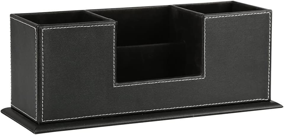 KINGFOM PU Leather Square Pens Pencils Holder Cup Desktop Stationery Organizer Case Office Accessories Container Box (black)
