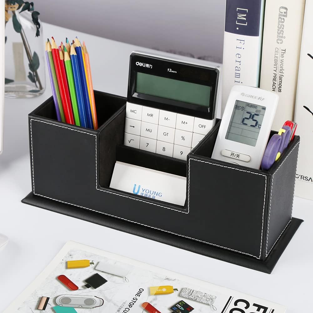 KINGFOM PU Leather Square Pens Pencils Holder Cup Desktop Stationery Organizer Case Office Accessories Container Box (black)