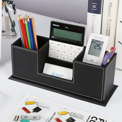 KINGFOM PU Leather Square Pens Pencils Holder Cup Desktop Stationery Organizer Case Office Accessories Container Box (black)