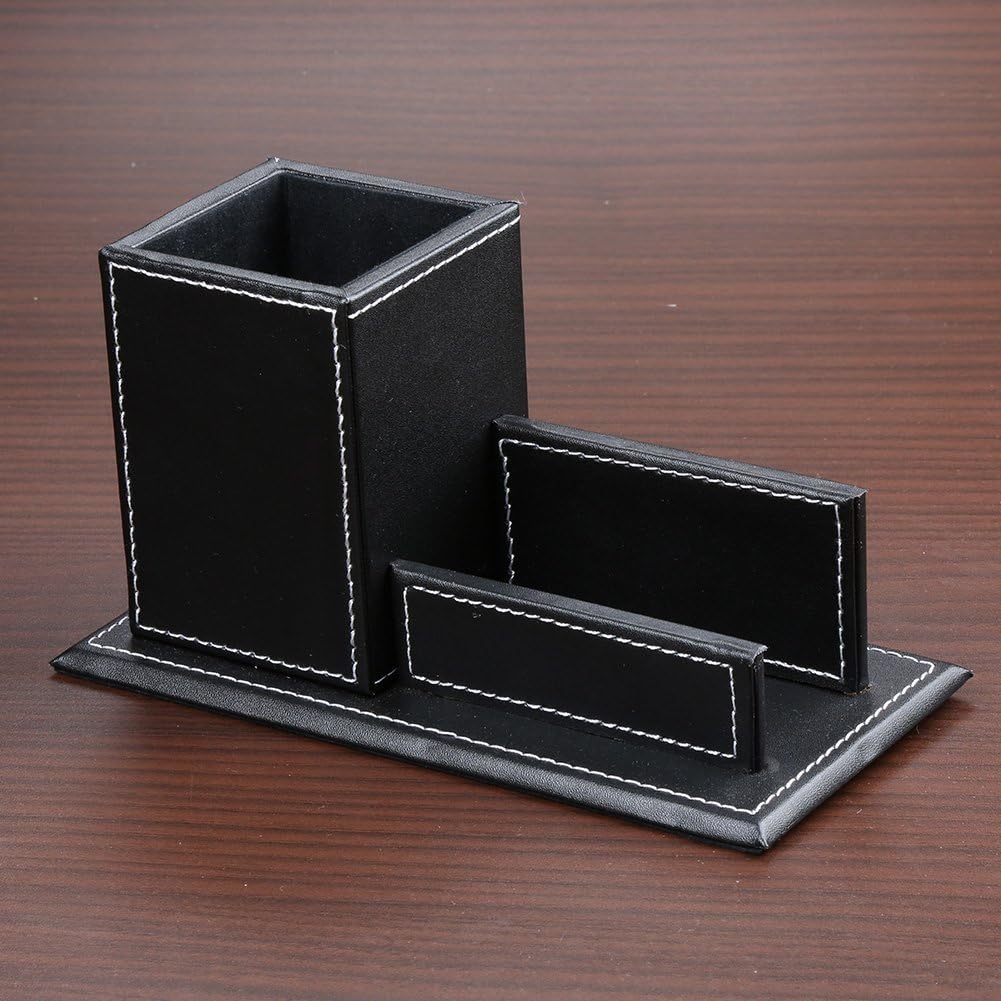 KINGFOM PU Leather Square Pens Pencils Holder Cup Desktop Stationery Organizer Case Office Accessories Container Box (black)