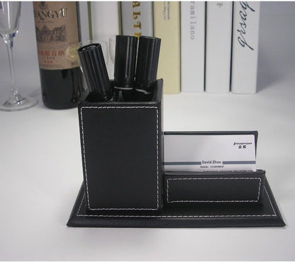 KINGFOM PU Leather Square Pens Pencils Holder Cup Desktop Stationery Organizer Case Office Accessories Container Box (black)