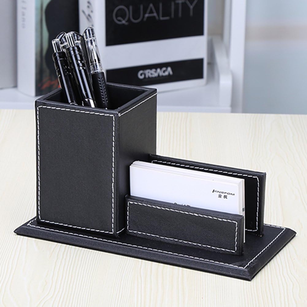 KINGFOM PU Leather Square Pens Pencils Holder Cup Desktop Stationery Organizer Case Office Accessories Container Box (black)
