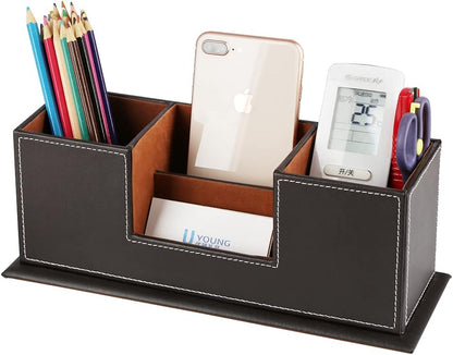 KINGFOM PU Leather Square Pens Pencils Holder Cup Desktop Stationery Organizer Case Office Accessories Container Box (black)