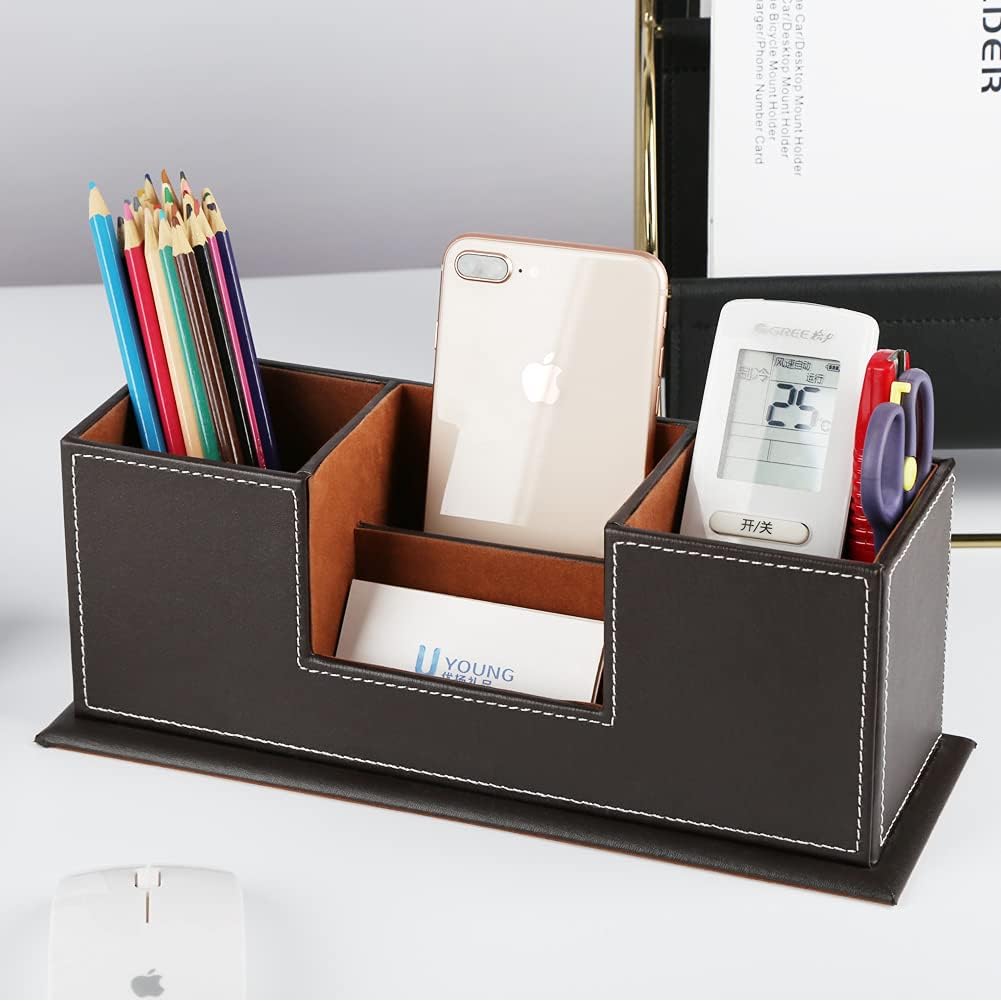 KINGFOM PU Leather Square Pens Pencils Holder Cup Desktop Stationery Organizer Case Office Accessories Container Box (black)