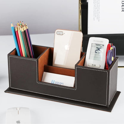 KINGFOM PU Leather Square Pens Pencils Holder Cup Desktop Stationery Organizer Case Office Accessories Container Box (black)