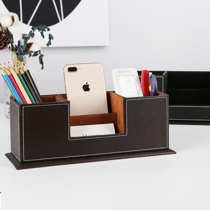 KINGFOM PU Leather Square Pens Pencils Holder Cup Desktop Stationery Organizer Case Office Accessories Container Box (black)