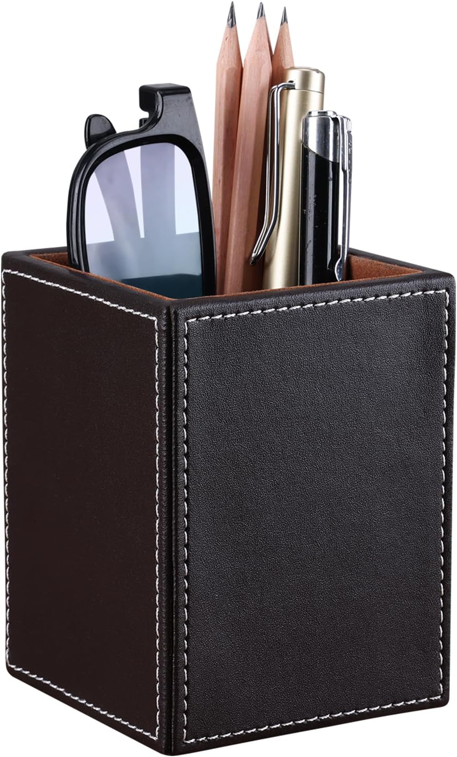 KINGFOM PU Leather Square Pens Pencils Holder Cup Desktop Stationery Organizer Case Office Accessories Container Box (black)