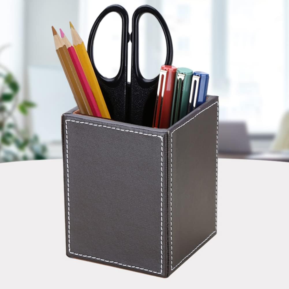KINGFOM PU Leather Square Pens Pencils Holder Cup Desktop Stationery Organizer Case Office Accessories Container Box (black)