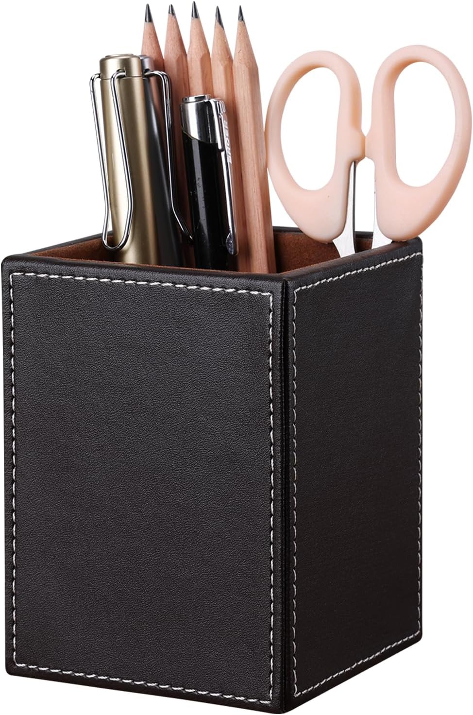 KINGFOM PU Leather Square Pens Pencils Holder Cup Desktop Stationery Organizer Case Office Accessories Container Box (black)