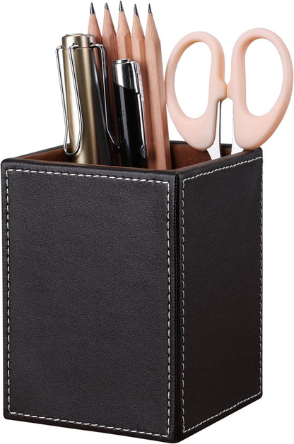 KINGFOM PU Leather Square Pens Pencils Holder Cup Desktop Stationery Organizer Case Office Accessories Container Box (black)