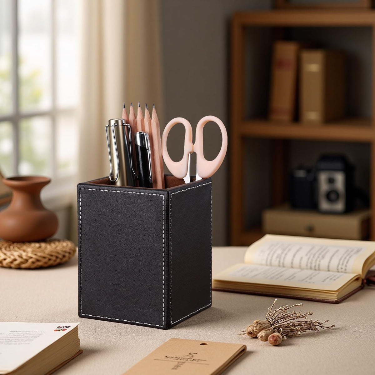KINGFOM PU Leather Square Pens Pencils Holder Cup Desktop Stationery Organizer Case Office Accessories Container Box (black)