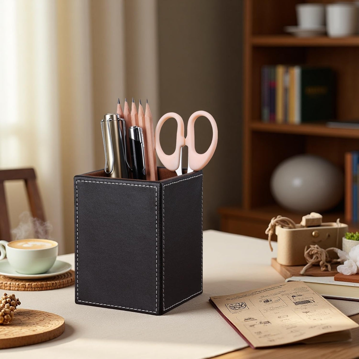 KINGFOM PU Leather Square Pens Pencils Holder Cup Desktop Stationery Organizer Case Office Accessories Container Box (black)