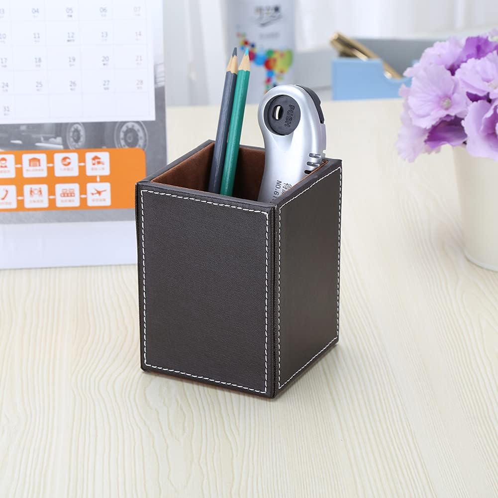 KINGFOM PU Leather Square Pens Pencils Holder Cup Desktop Stationery Organizer Case Office Accessories Container Box (black)