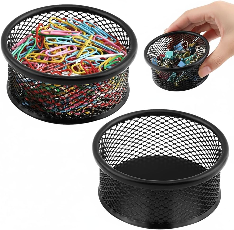 2 Pack Mesh Paper Clip Holder, Paperclip Holders for Desk Binder Wire Mesh Bowls, Stackable Paperclip Dispenser Organizer for Office Binder Box