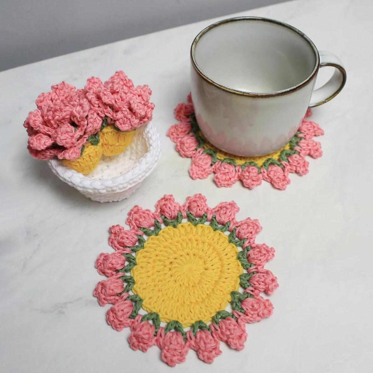 Cute Flower Coasters Set of 4,Funny Pink Crochet Plant Pot Coasters