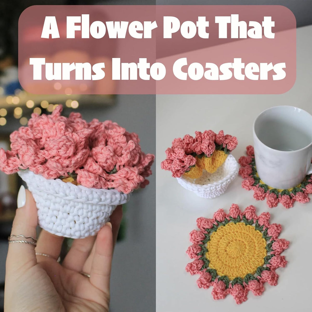 Cute Flower Coasters Set of 4,Funny Pink Crochet Plant Pot Coasters